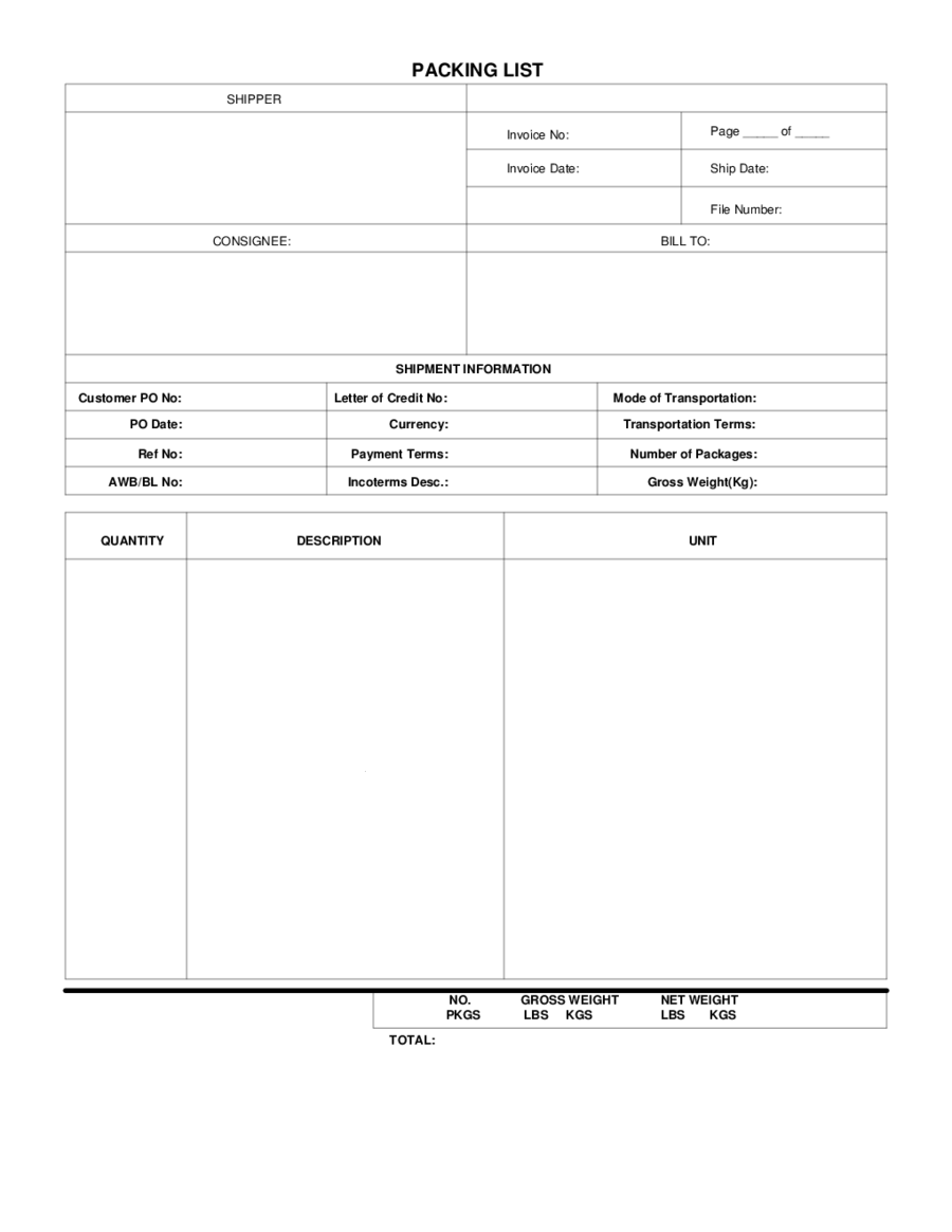 Shipping list Template