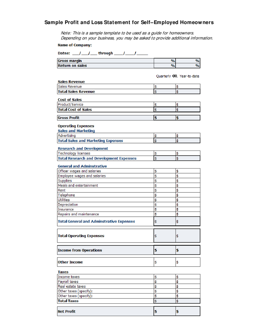 Sample Profit and Loss Statement for Self