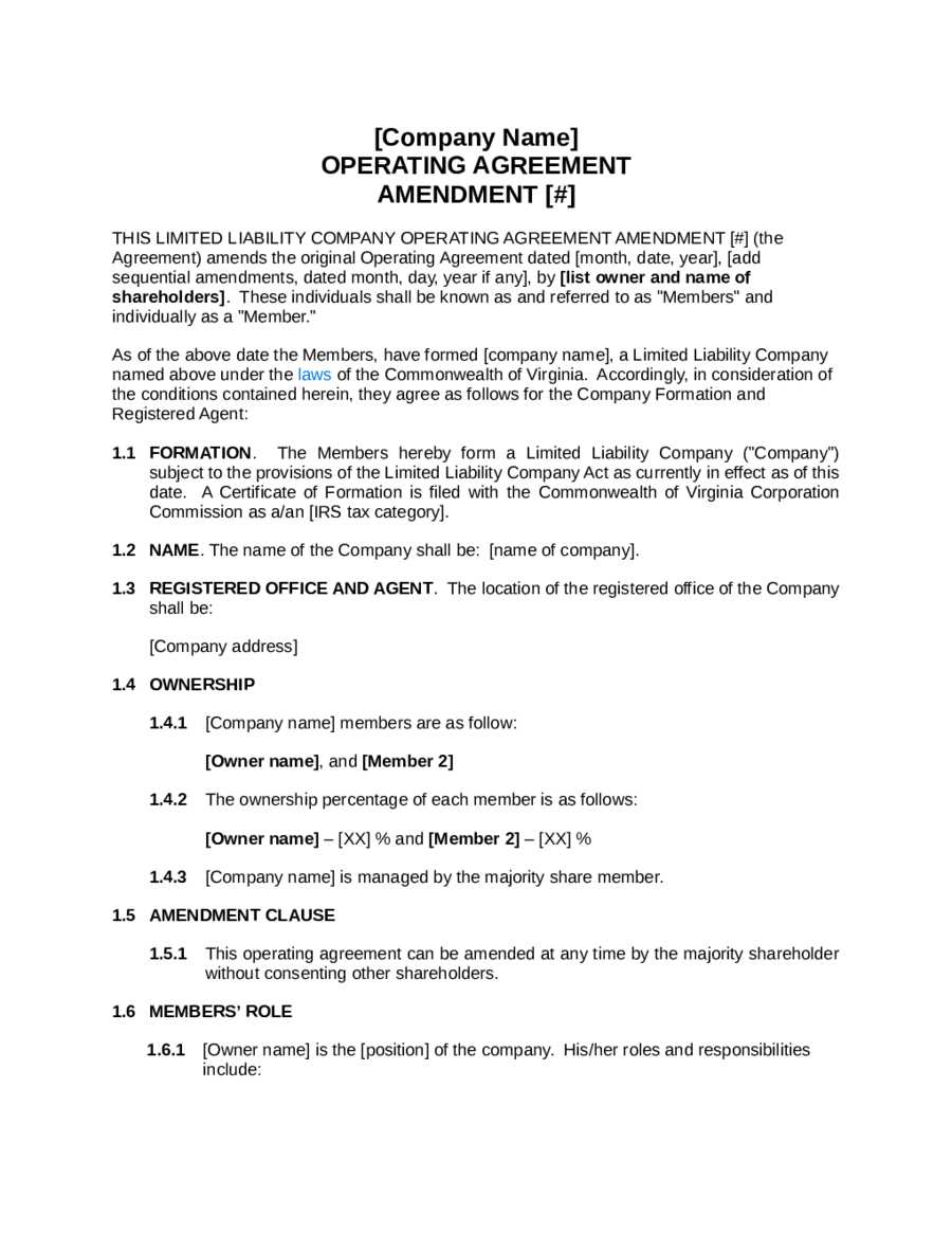 Amendment To Operating Agreement Template