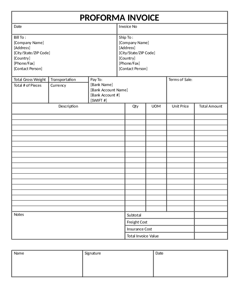 Proforma Invoice Template Printable