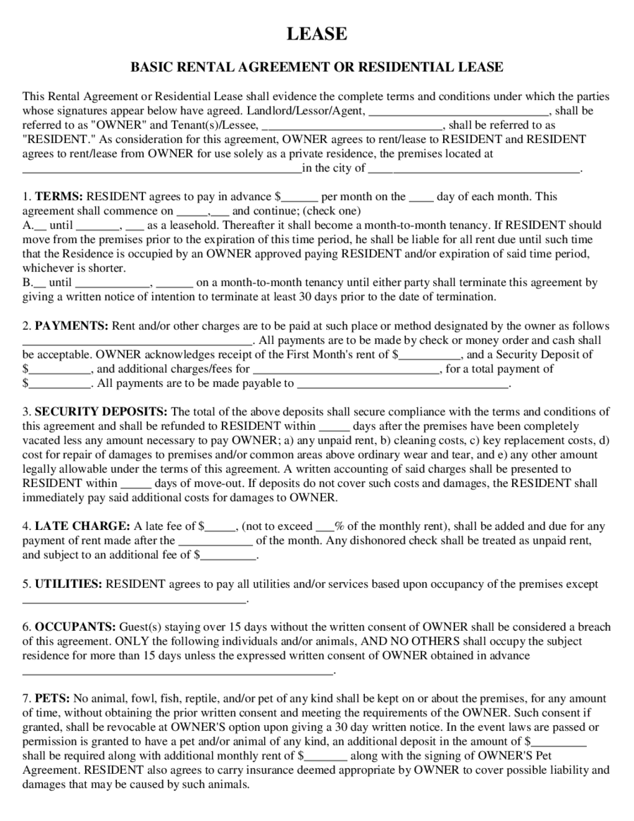 basic rental agreement or residential lease edit fill sign online