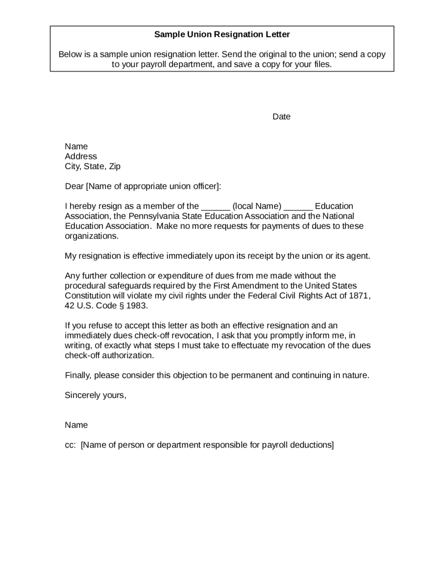 Sample Union Resignation Letter