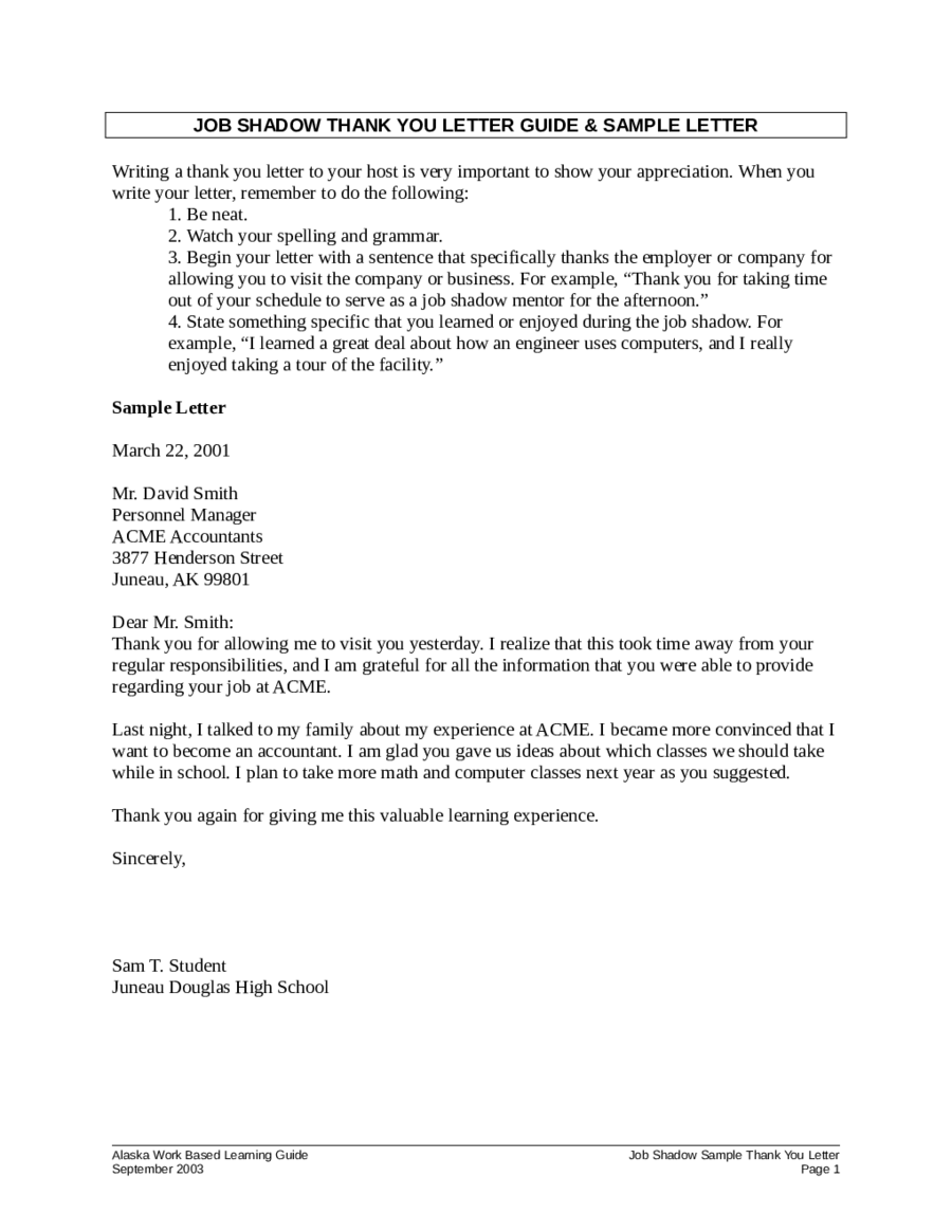 Thank You Letter For Job Shadow Template