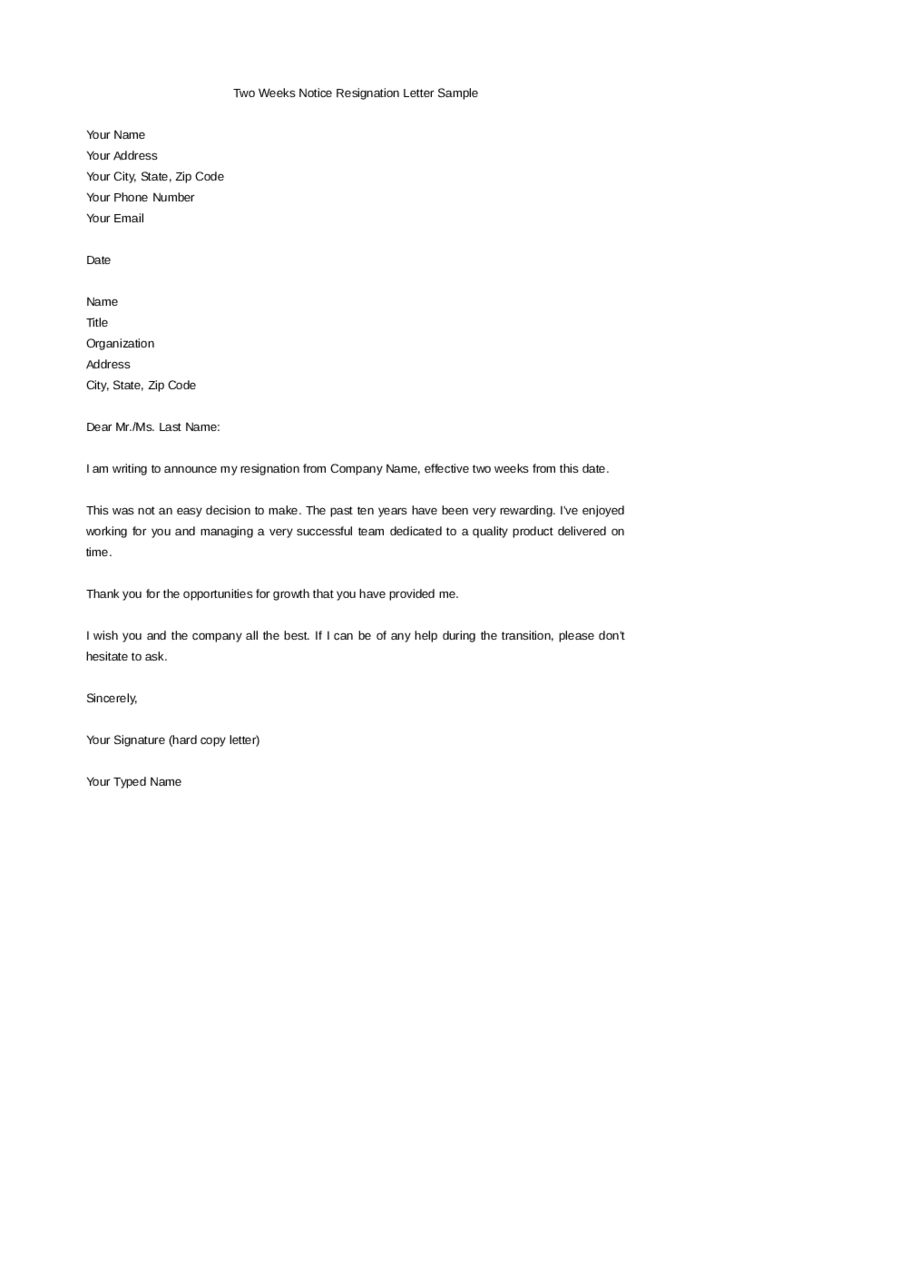 Two Week Resignation Letter Examples from handypdf.com