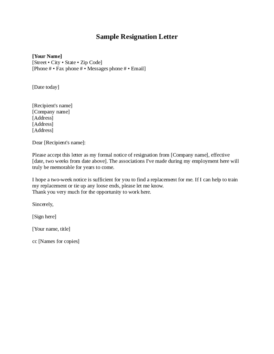 Sample Resignation Letter 2017