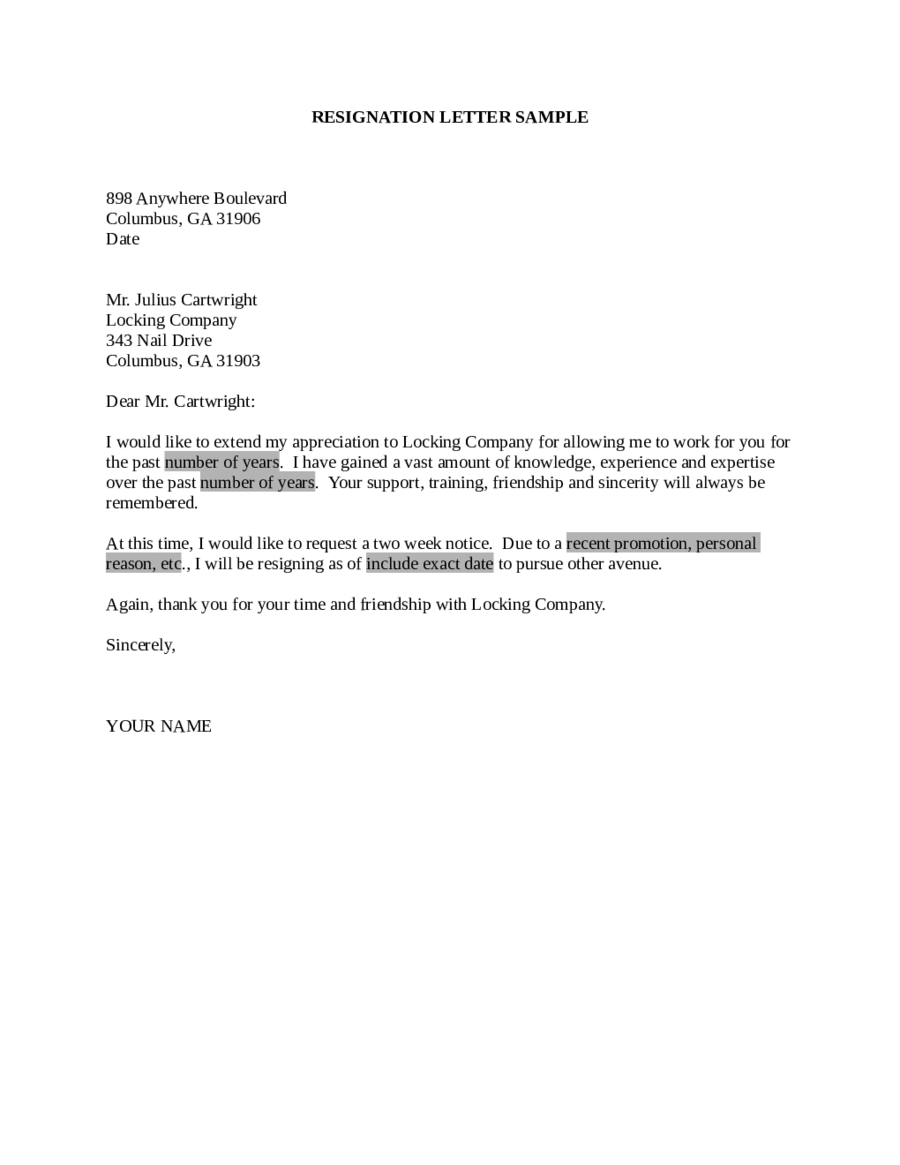 Two Weeks Resignation Letter Examples from handypdf.com
