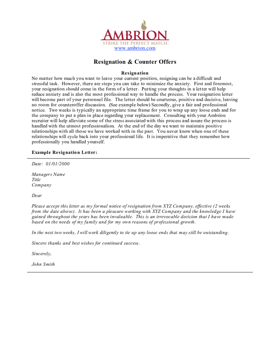 Two Week Notice Letter-Resignation & Counter Offer