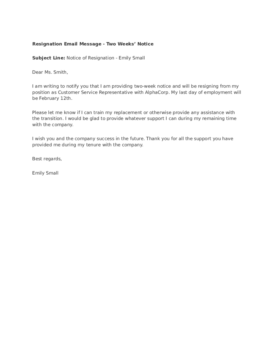 Letter Of Resignation Example Two Weeks Notice Collection