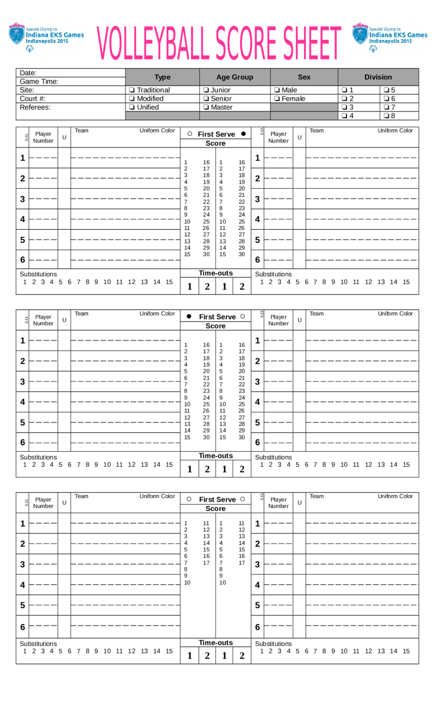 Volleyball Score Sheet Sample