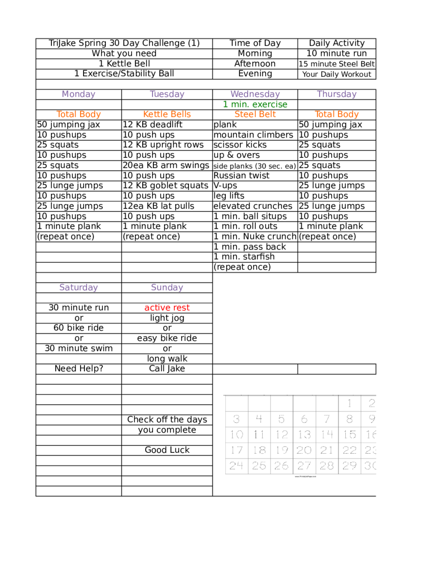 2022 30-Day Workout Plan - Fillable, Printable PDF & Forms | Handypdf