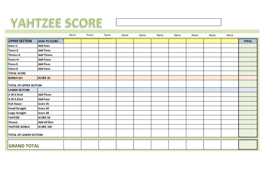 Yahtzee Score Sheets Blank